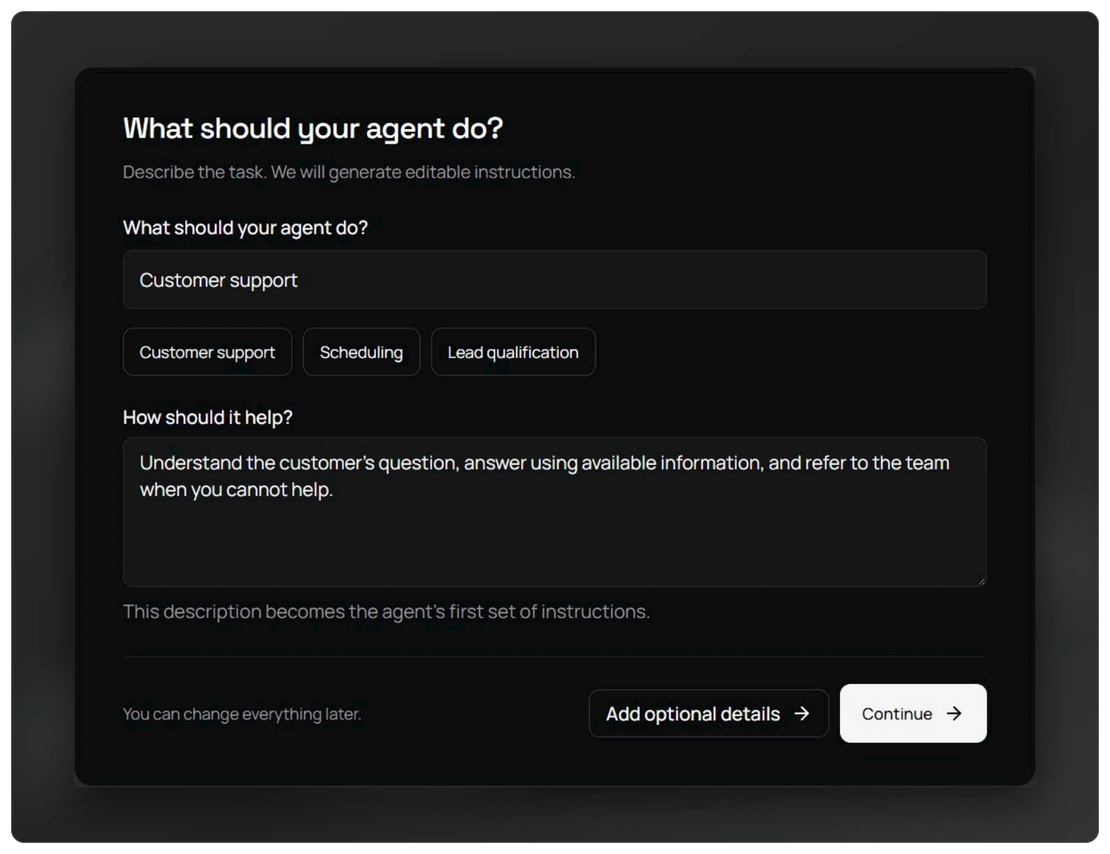 Create an agent: completed task and support description in Tigy AI.