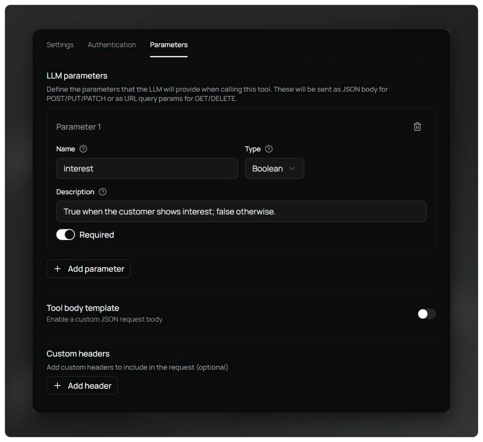 The interest parameter: Boolean type, description and required field.