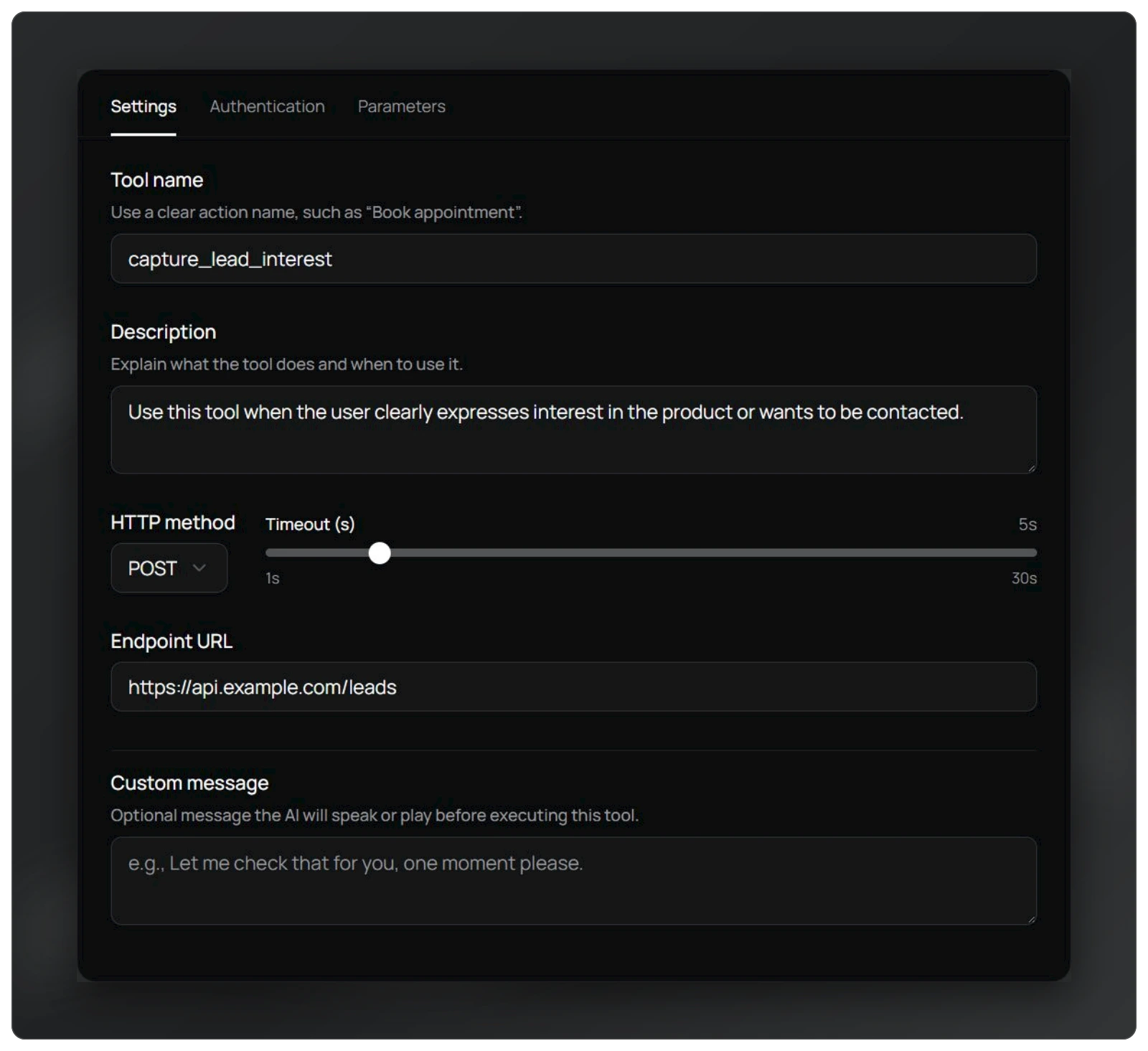HTTP tool configuration: description, method and endpoint URL.