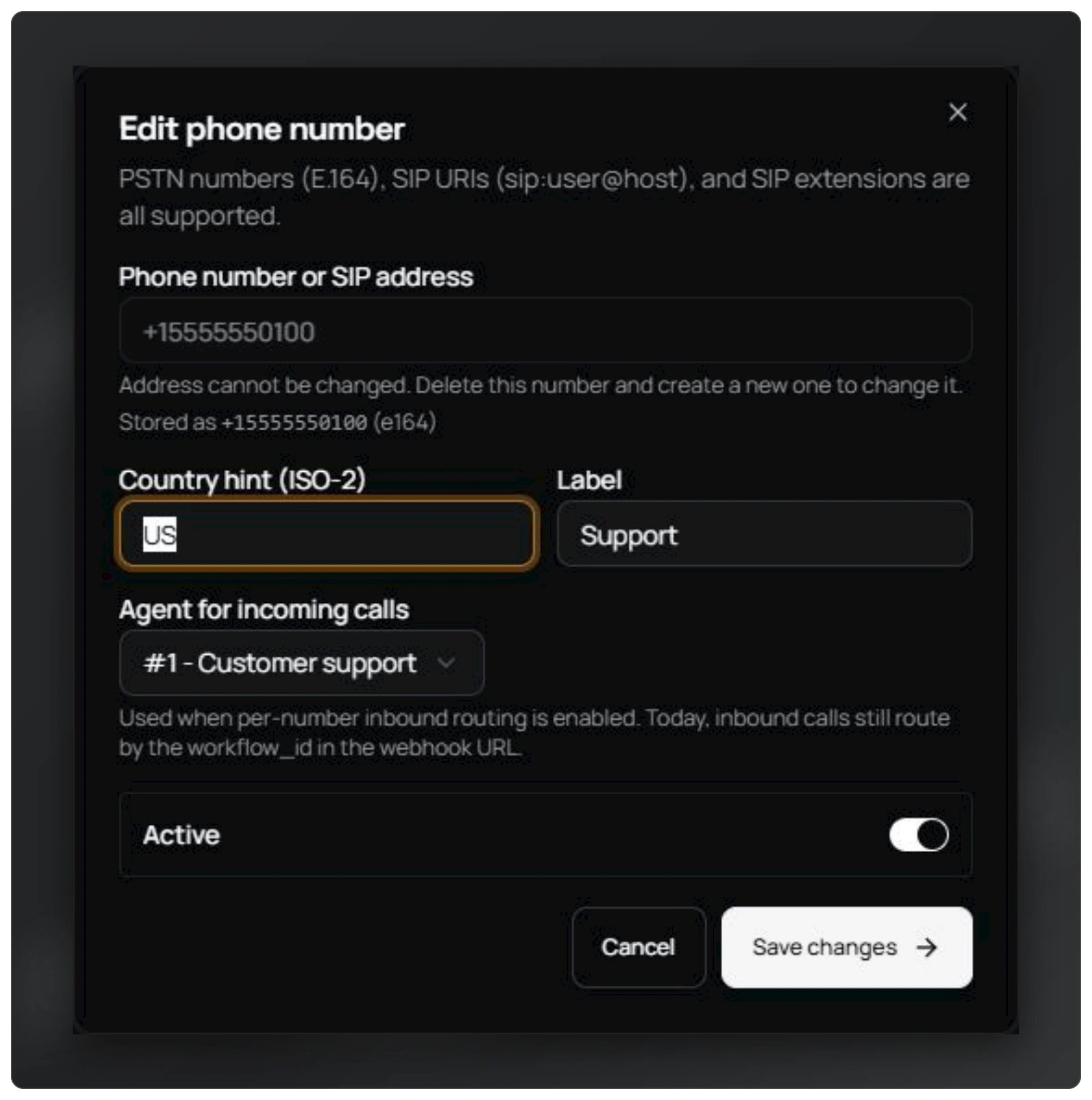 Active phone number and selected agent in Tigy AI