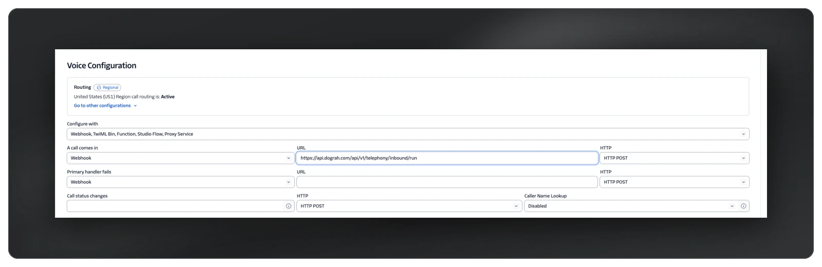 Twilio Console: voice configuration and inbound call webhook