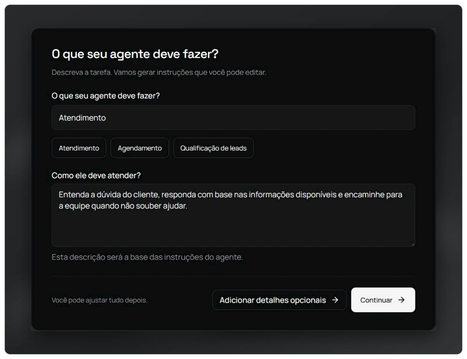 Criar um agente: tarefa e descrição do atendimento preenchidas no Tigy AI.