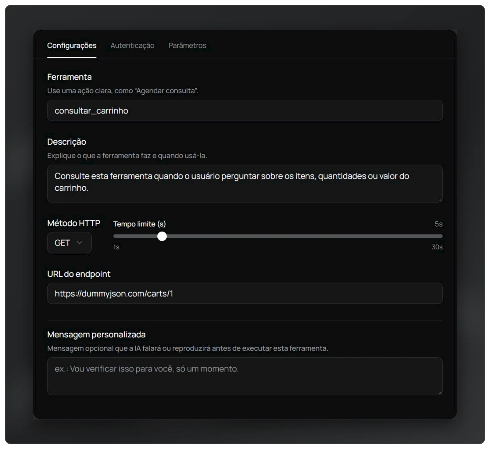 Configuração de uma ferramenta HTTP: descrição, método e URL do endpoint.