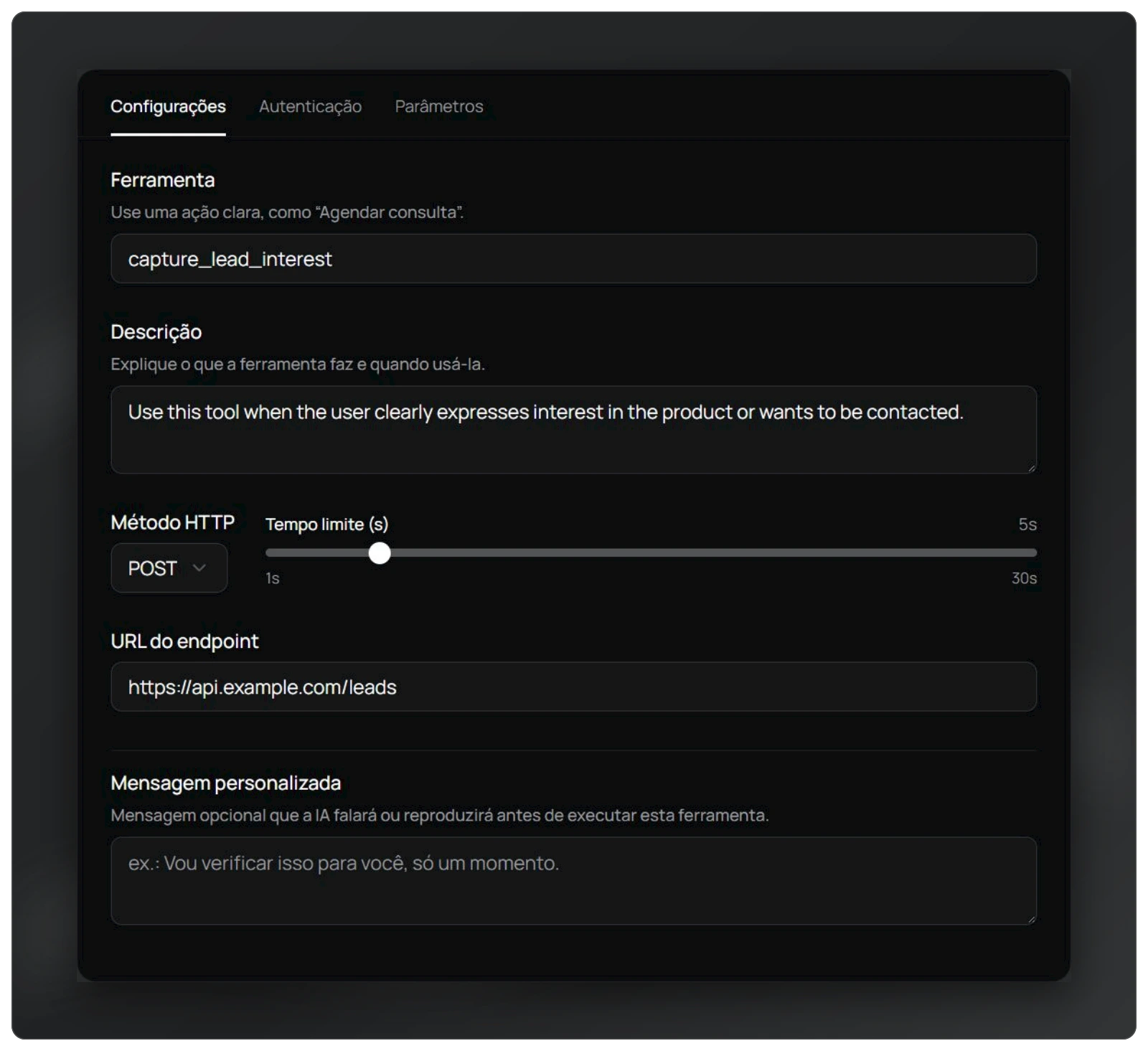 Configuração de uma ferramenta HTTP: descrição, método e URL do endpoint.