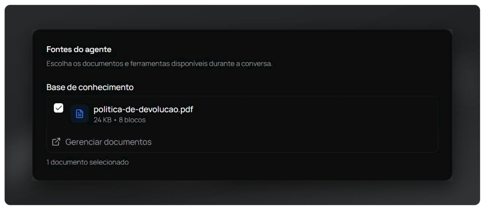 Base de conhecimento com um documento de política de devolução processado.