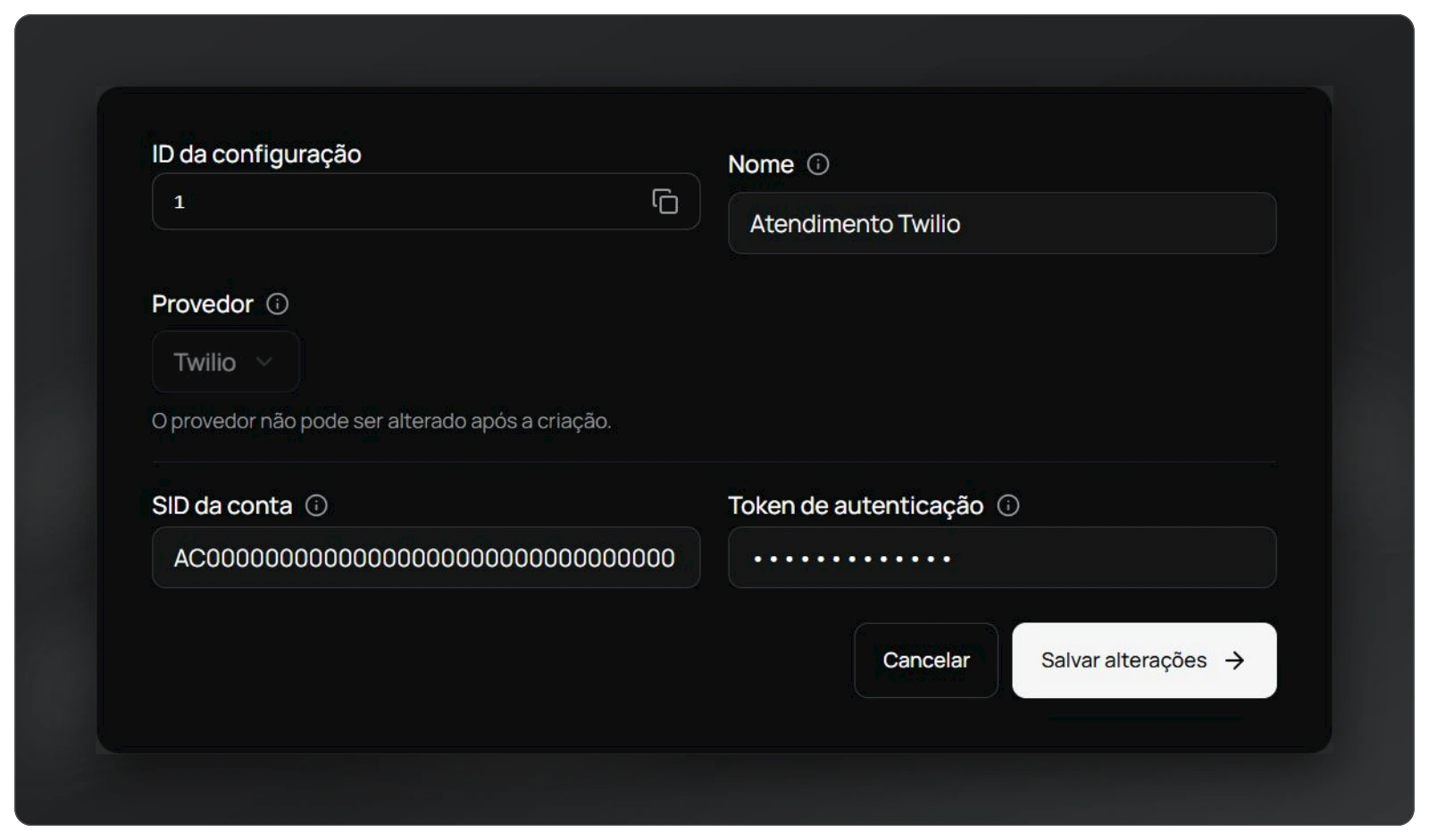 Configuração Twilio na interface real do Tigy AI