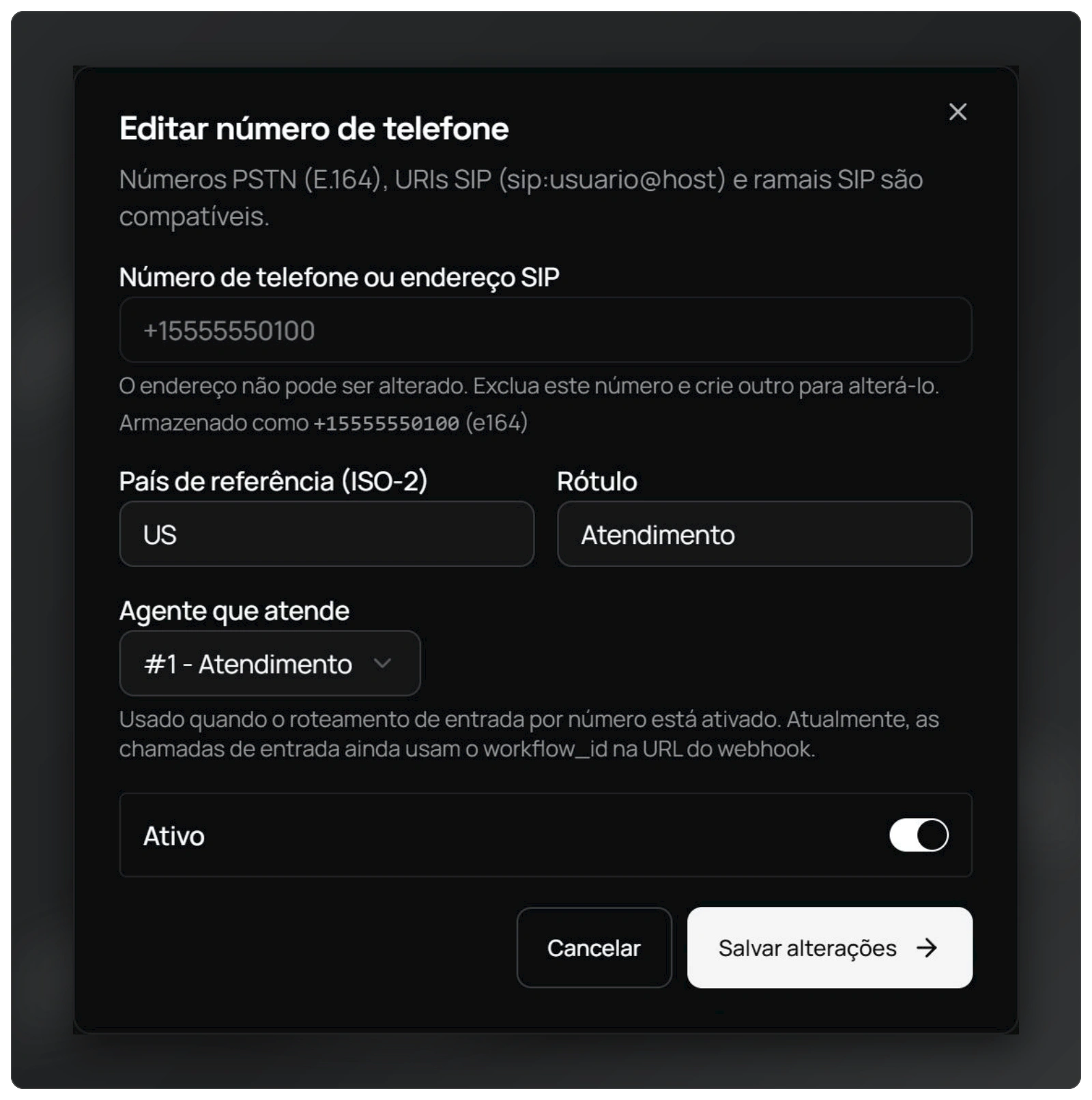 Número ativo e agente selecionado no Tigy AI